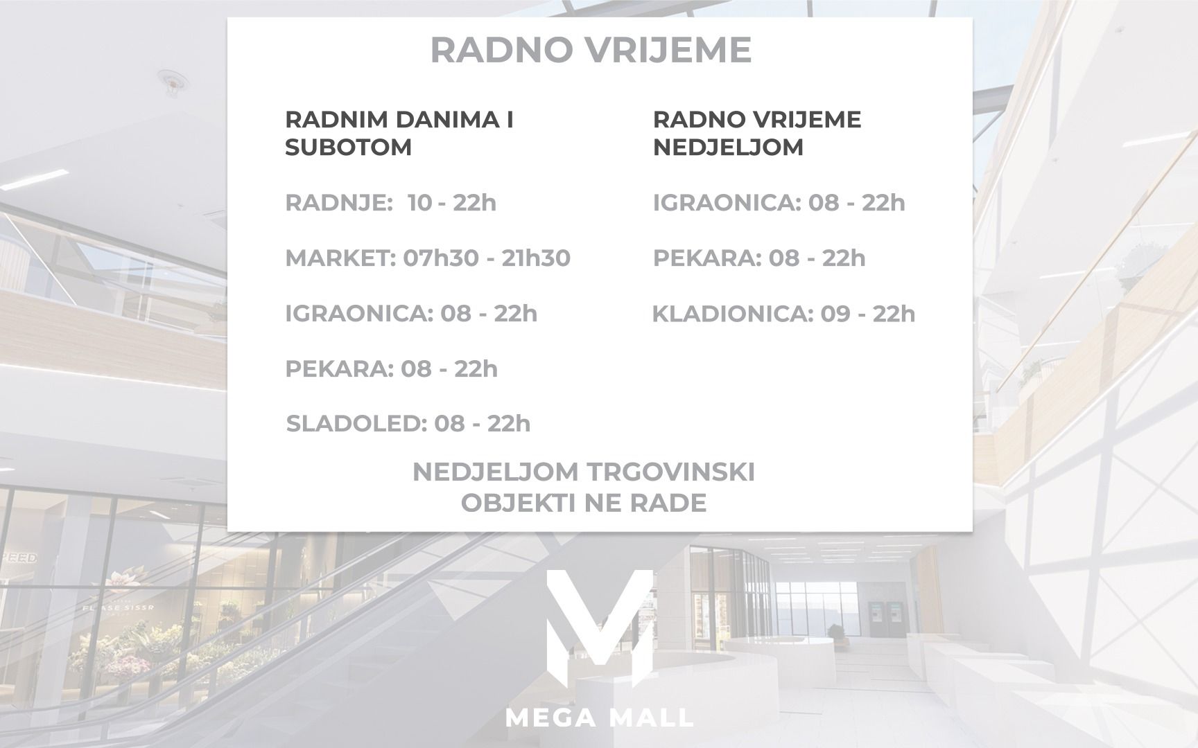 Novo radno vrijeme Mega Mall centra od ove sedmice